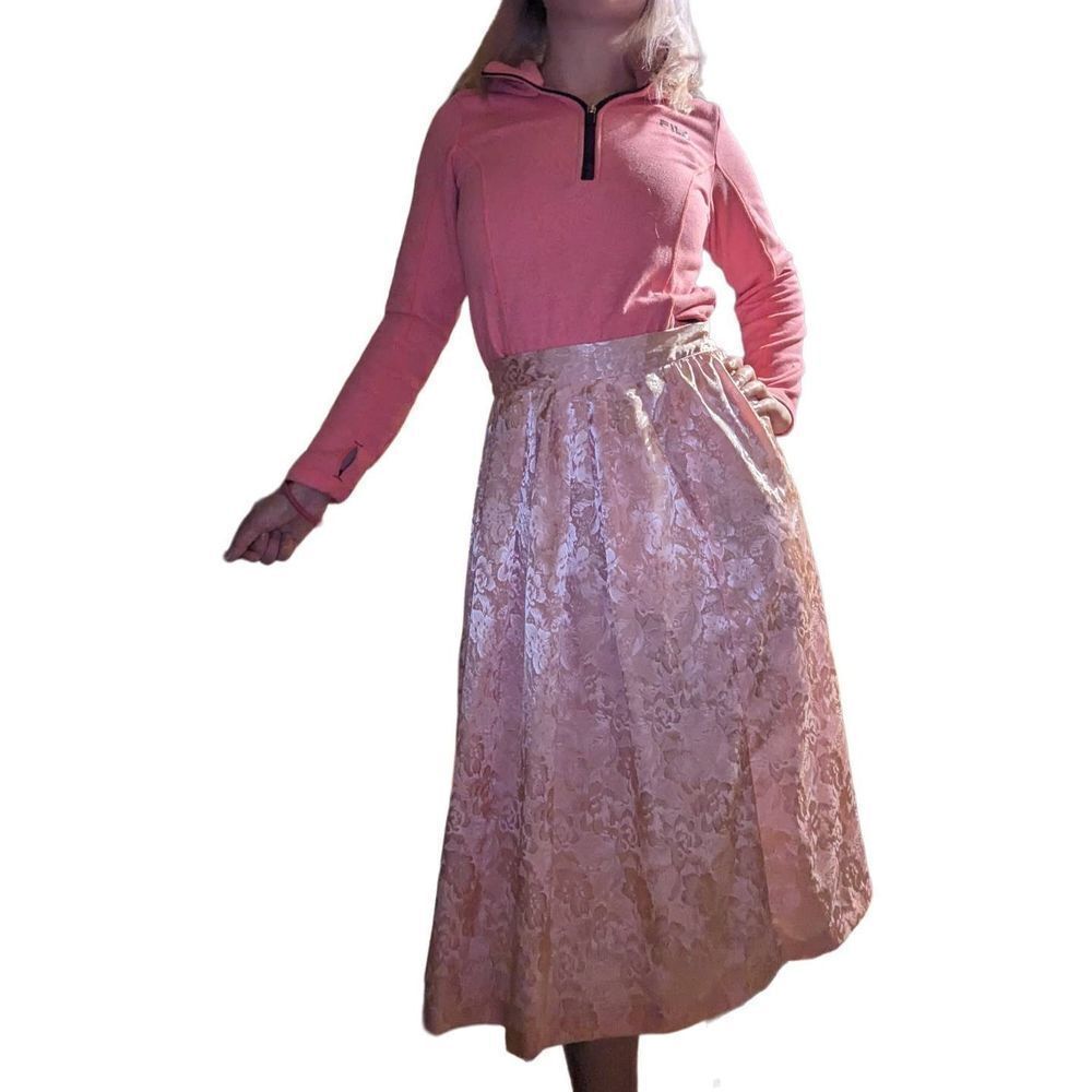 Vintage 80s Pastel Pink Floral High Waist Flaired Skirt